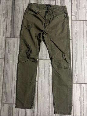 Dark Olive Skinny Jeans for Men with Distressed Detail